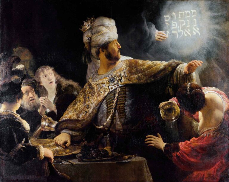 Rembrandt van Rijn’s Belshazzar’s Feast, depicting a terrified King Belshazzar recoiling from a glowing divine hand inscribing Hebrew letters on a dark wall during a lavish Babylonian banquet, surrounded by shocked courtiers.