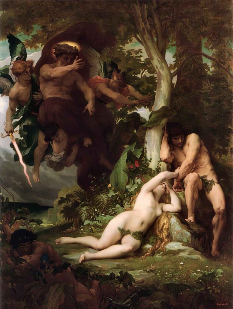 Alexandre Cabanel’s painting The Expulsion of Adam and Eve from the Garden of Paradise, showing a sorrowful Adam and Eve being cast out by God and angels amid lush foliage, symbolizing divine judgment and human grief.