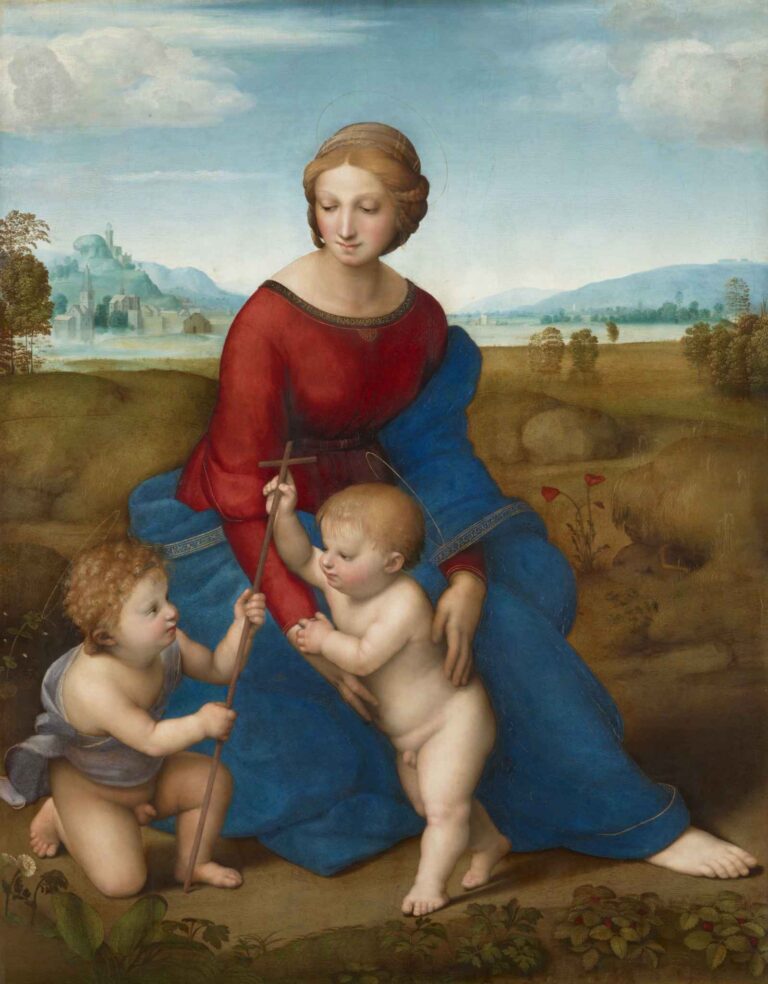 A Renaissance painting by Raphael showing the Virgin Mary seated outdoors, lovingly watching over the Christ Child and infant John the Baptist in a peaceful meadow.
