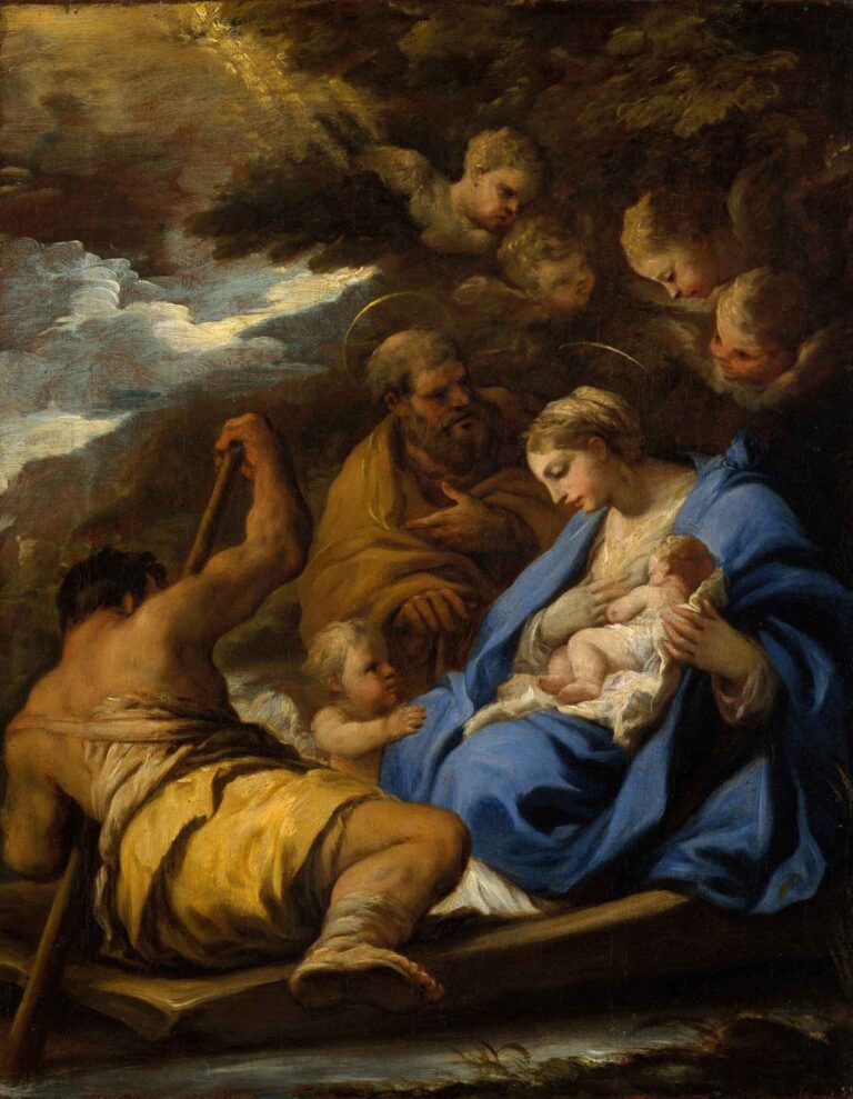 Baroque oil painting by Luca Giordano showing Joseph steering a boat, Mary cradling the infant Jesus under a billowing blue cloak, and cherubs hovering overhead in a dark, wooded landscape.