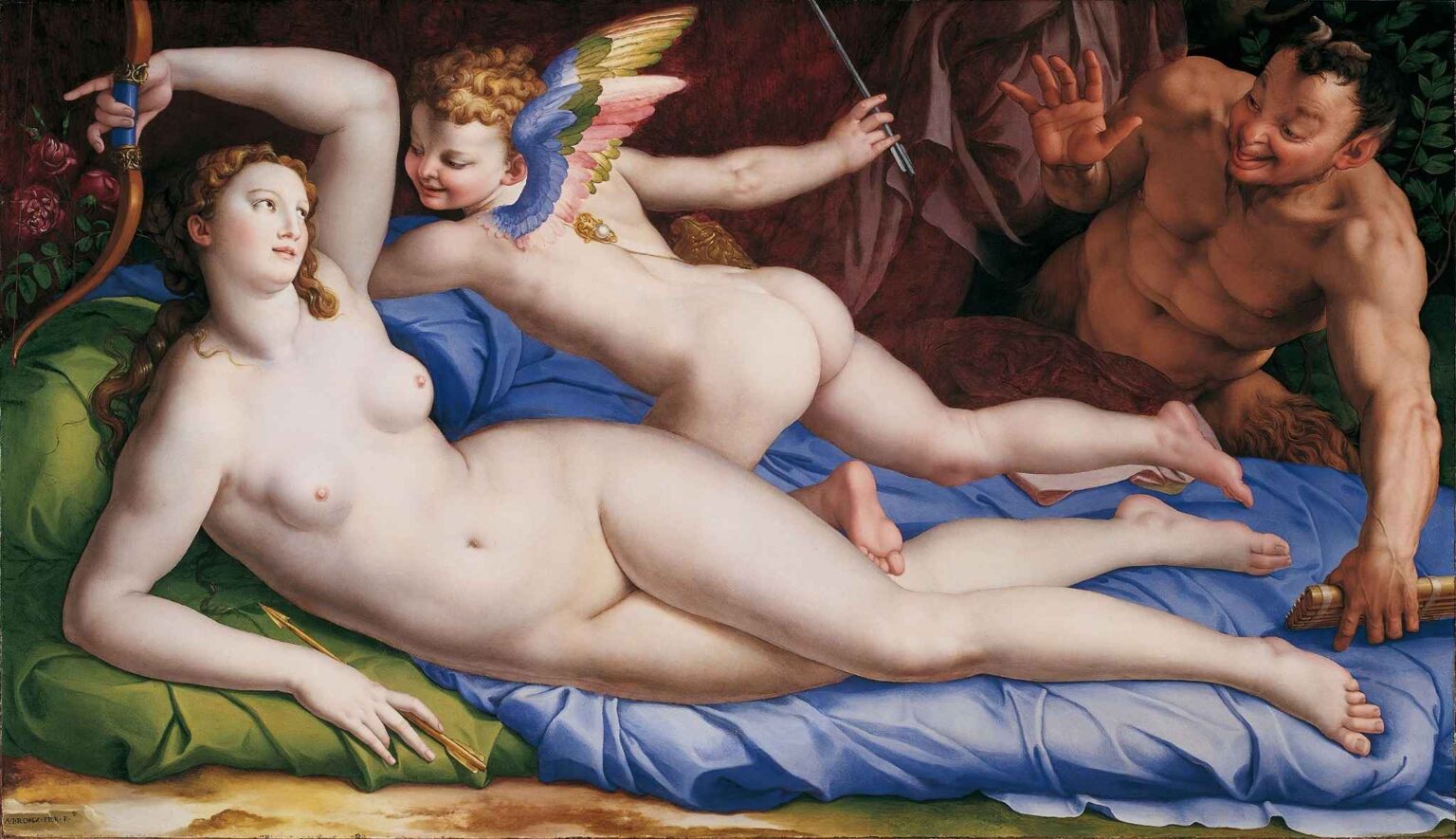 Agnolo Bronzino’s Venus, Cupid and Satyr, a Mannerist painting depicting the nude goddess Venus reclining with Cupid leaning over her, while a grinning satyr looks on from behind a curtain.