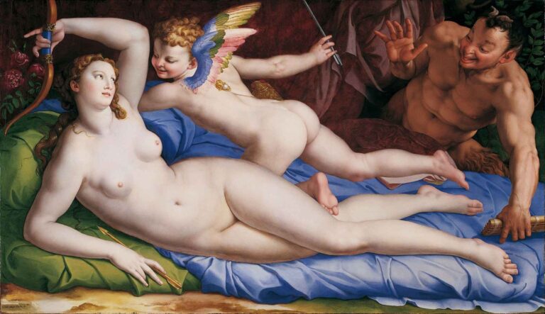 Agnolo Bronzino’s Venus, Cupid and Satyr, a Mannerist painting depicting the nude goddess Venus reclining with Cupid leaning over her, while a grinning satyr looks on from behind a curtain.