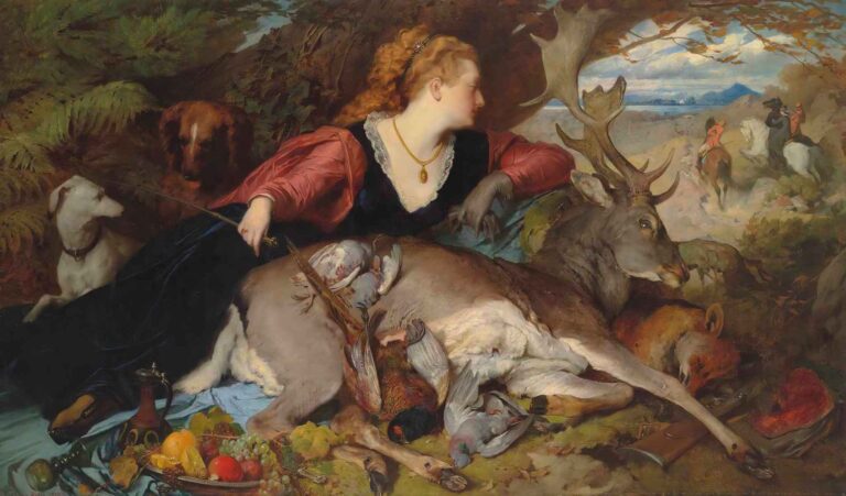 Oil painting of Diana resting on a fallen stag in a wooded clearing, surrounded by game birds, a white hound, and scattered fruits, while mounted hunters gallop in the distance.