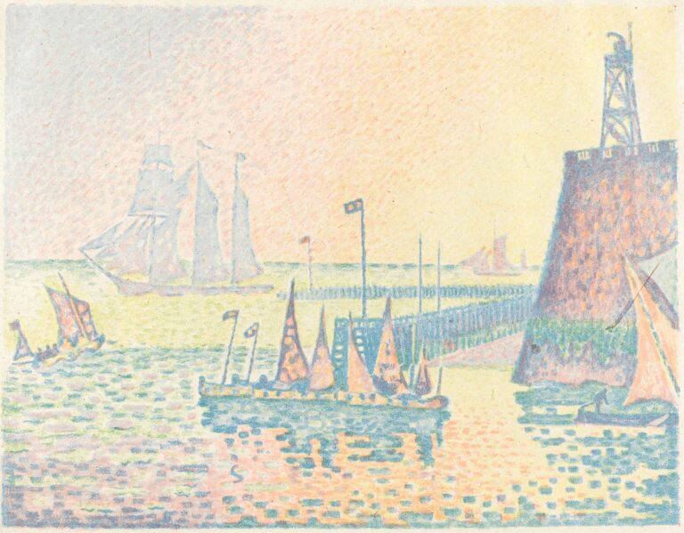 A pointillist painting by Paul Signac showing a peaceful harbor at sunset with sailboats, a lighthouse, and shimmering water rendered in soft pastel dots.