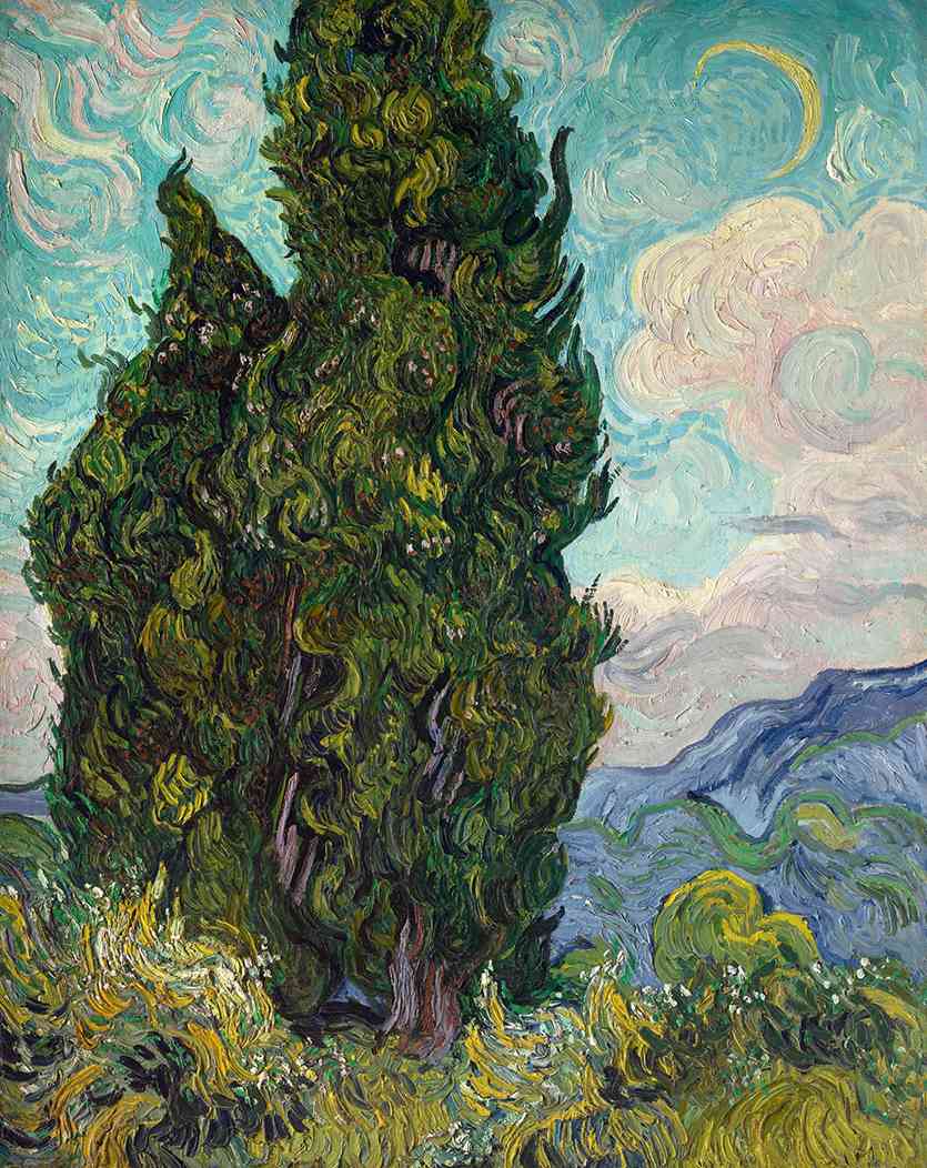 Vincent van Gogh, “Cypresses” (1889): two towering dark-green cypress trees with twisting trunks dominate a swirling sky of turquoise and lilac, set above sunlit yellow shrubs and distant blue mountains.