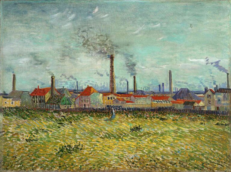 Vincent van Gogh, “Factories at Clichy” (1887): suburban factories with red roofs and tall smoking chimneys behind a grassy field, under a pale aquamarine sky.