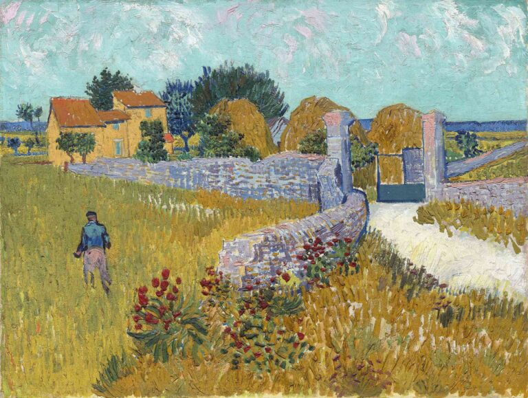 Vincent van Gogh, “Farmhouse in Provence” (1888): a sunlit stone farmhouse with red-tiled roof sits amid golden wheat and olive groves, flanked by dark green cypresses under a pale blue sky.