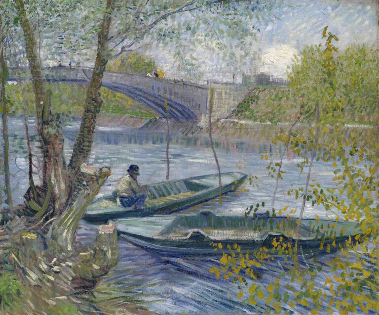 Vincent van Gogh, “Fishing in Spring, the Pont de Clichy” (1887): two fishermen in a small boat on the Seine at dawn, framed by leafy willows in fresh spring green, with the iron arch of the Clichy bridge and Parisian skyline beyond.