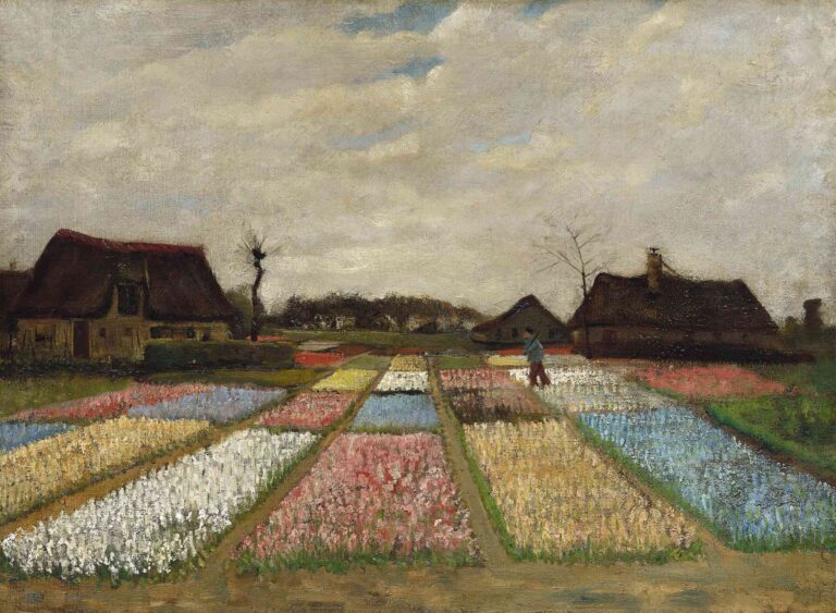 Vincent van Gogh, “Flower Beds in Holland” (1883): rectangular rows of pink, white, and yellow flowering bulb plants bordered by green earth, with thatched farmhouses and bare trees under a gray-blue sky.