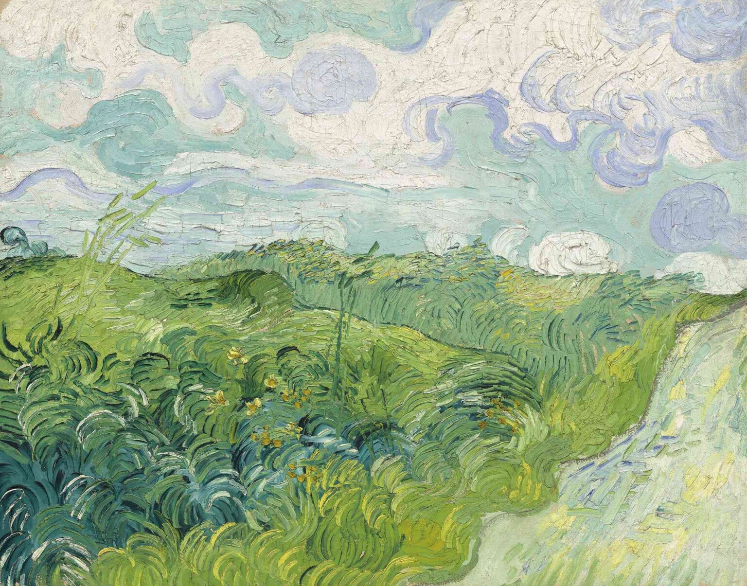 Vincent van Gogh, “Green Wheat Fields, Auvers” (1890): a rolling expanse of young green wheat under a pale turquoise sky with swirling clouds, edged by dark cypresses and a sunlit path.