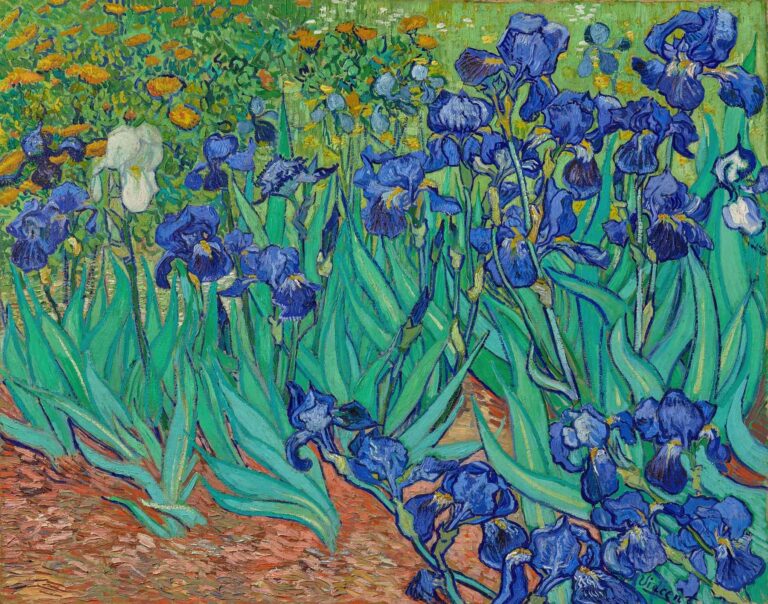 Vincent van Gogh, “Irises” (1889): close-up view of deep blue and white iris blossoms with twisting green leaves emerging from warm ochre soil, framed by a flat green background.