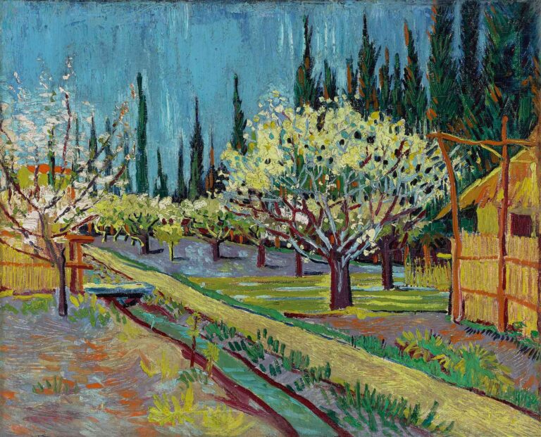 Vincent van Gogh, “Orchard Bordered by Cypresses” (1888): a sunlit orchard of pale-blossomed fruit trees with a winding path and irrigation canals, framed by tall dark-green cypresses under a vivid blue sky.