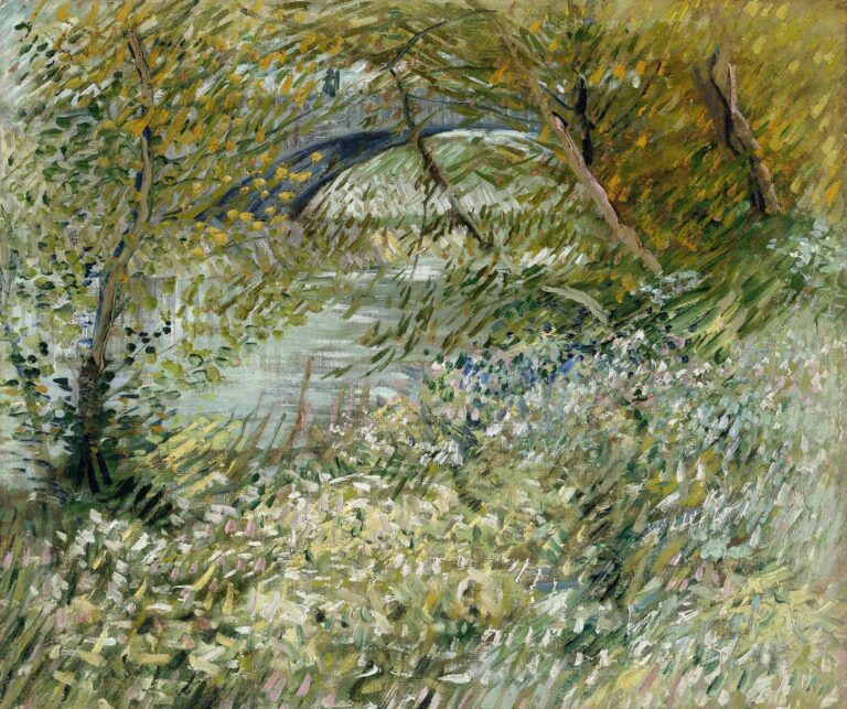 Vincent van Gogh, “River Bank in Springtime” (1887): a riverside thicket with young flowering undergrowth and slender tree trunks leaning over pale blue water, rendered in loose, rhythmic brushstrokes.