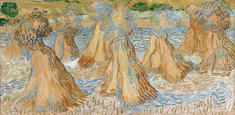 Vincent van Gogh, “Sheaves of Wheat” (1890): conical bundles of golden wheat stand in rows amid cut stubble, under a pale summer sky with soft clouds, painted in expressive impasto.