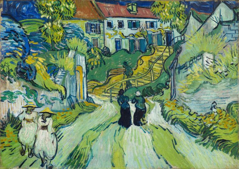 Vincent van Gogh, “Stairway at Auvers” (1890): two women descend and two ascend a split outdoor stairway framed by lush green foliage, leading up to sunlit houses with red roofs under a blue sky.