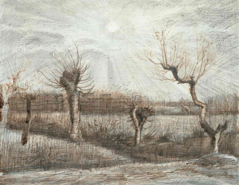 Vincent van Gogh, “Têtards” (1884): ink and wash drawing of a row of pollarded willows with stubby crowns beside a canal, rendered in warm brown lines and gray atmospheric washes.
