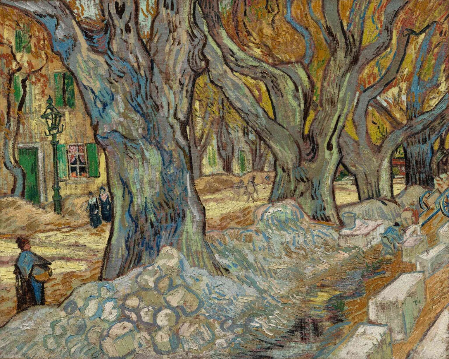Vincent van Gogh, “The Large Plane Trees (Road Menders at Saint-Rémy)” (1889): tall, knotted plane tree trunks line a sunlit road where workers repair the surface, set against distant cypress groves under a pale sky.