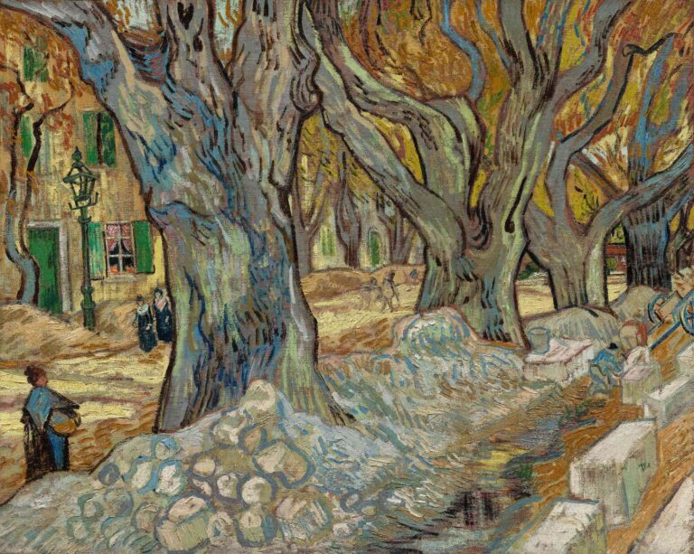 Vincent van Gogh, “The Large Plane Trees (Road Menders at Saint-Rémy)” (1889): tall, knotted plane tree trunks line a sunlit road where workers repair the surface, set against distant cypress groves under a pale sky.