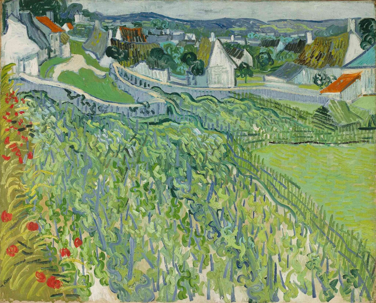 Vincent van Gogh, “Vineyards at Auvers” (1890): diagonal rows of green vines on a hillside vineyard, accented by red hollyhocks at left, with a stone wall and white cottages under a pale summer sky.