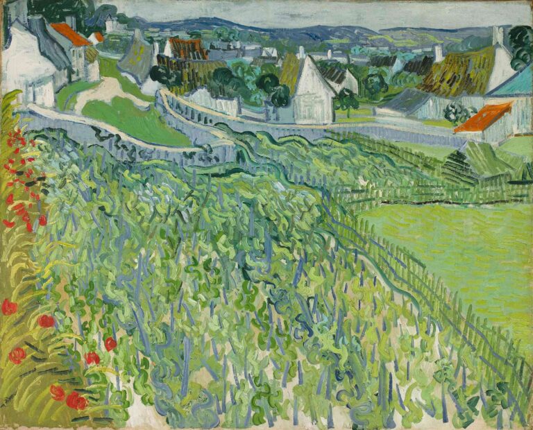 Vincent van Gogh, “Vineyards at Auvers” (1890): diagonal rows of green vines on a hillside vineyard, accented by red hollyhocks at left, with a stone wall and white cottages under a pale summer sky.