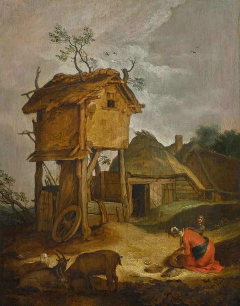 Oil painting of a rustic farmyard with a wooden dovecote on stilts, thatched barns in the background, two goats grazing in the foreground, and a kneeling woman gathering grain.
