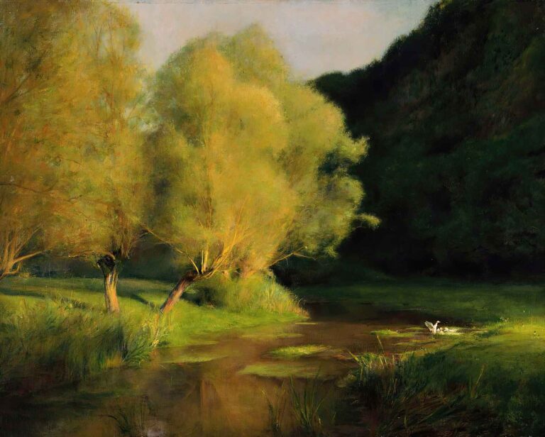 Willows by a Stream by Pascal-Adolphe-Jean Dagnan-Bouveret (1908), a tranquil landscape showing golden-lit willow trees by a quiet stream under a soft sky with a small bird in the water.