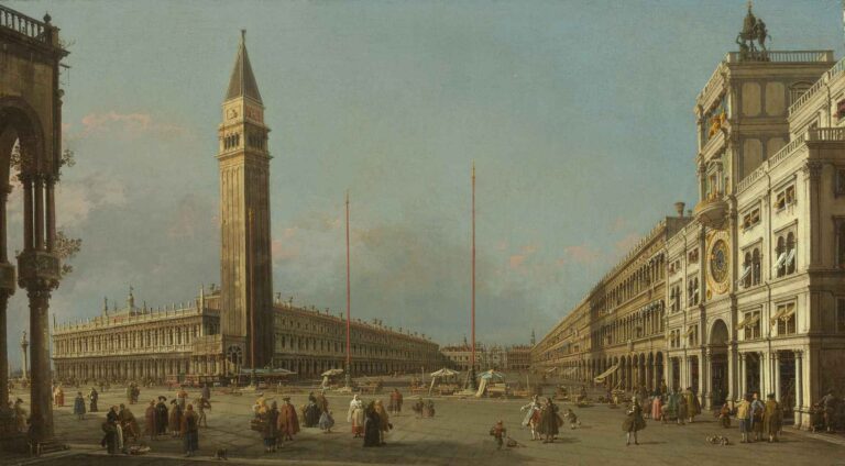 Wide oil view of Piazza San Marco in Venice: the tall brick Campanile at left center, flanked by colonnaded Procuratie buildings; dozens of small figures stroll the sunlit square under a pale blue sky.