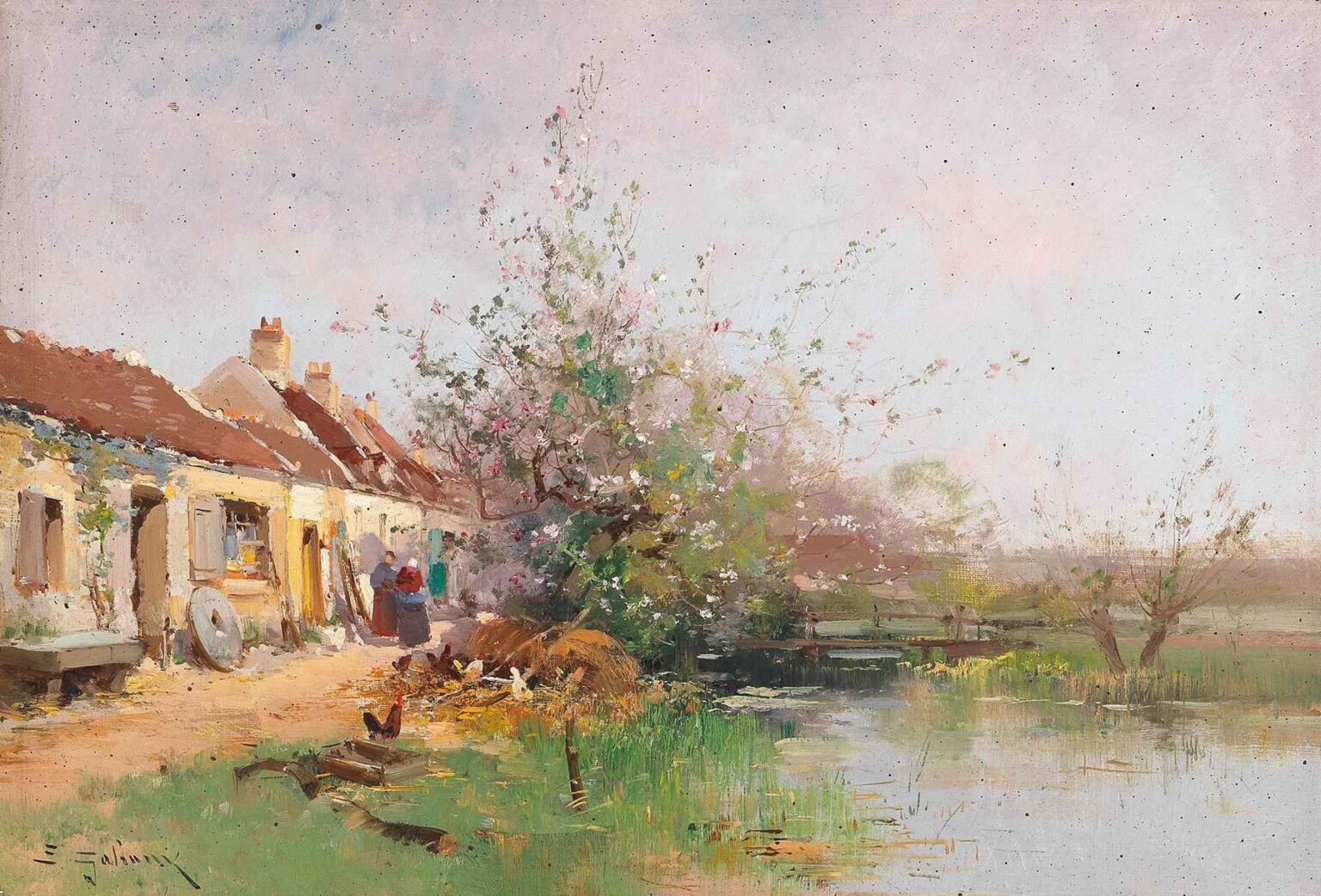 Oil painting of a riverside cottage row with a blooming spring tree, chickens pecking in the yard, two figures near the door, and a calm stream under a pale sky.