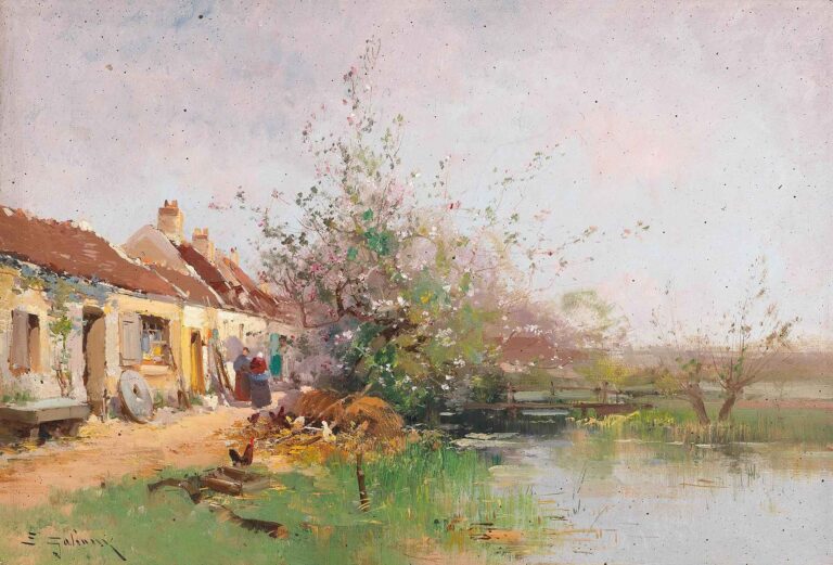 Oil painting of a riverside cottage row with a blooming spring tree, chickens pecking in the yard, two figures near the door, and a calm stream under a pale sky.