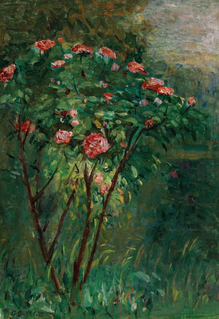 The Flowering Rosebush by Gustave Caillebotte, an Impressionist painting of a blooming red and pink rosebush surrounded by lush green foliage and soft light in a private garden.