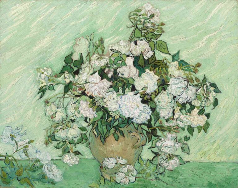 Vincent van Gogh, “Roses” (1890): a terracotta vase overflowing with creamy white roses and green leaves on a mint-green tabletop and background, painted with thick, textured brushstrokes.