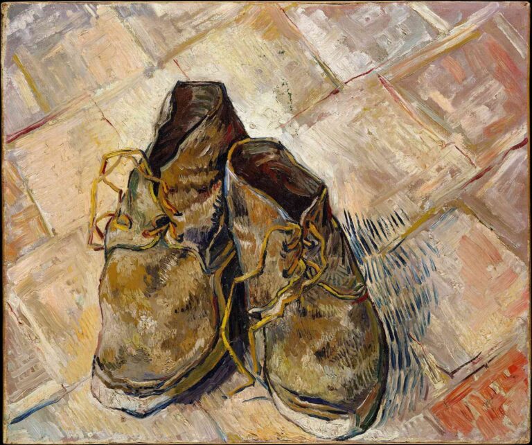 “Shoes” by Vincent van Gogh (1888): a pair of worn brown leather boots with yellow laces sits atop a diagonally laid wooden floor, rendered in thick impasto with warm ochres and cool gray-blues.