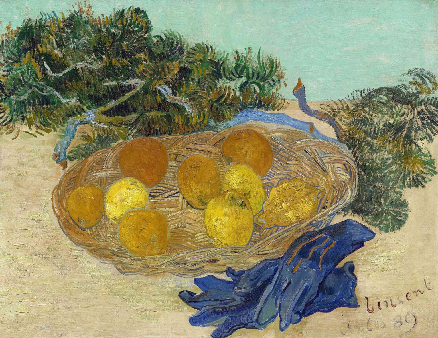 Vincent van Gogh’s “Still Life of Oranges and Lemons with Blue Gloves” (1889): a woven basket of bright oranges and lemons backlit by green boughs, set on a pale tabletop beside a pair of cobalt-blue gloves.