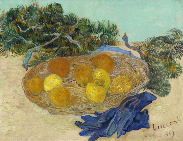 Vincent van Gogh’s “Still Life of Oranges and Lemons with Blue Gloves” (1889): a woven basket of bright oranges and lemons backlit by green boughs, set on a pale tabletop beside a pair of cobalt-blue gloves.