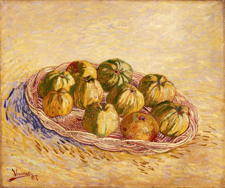 Vincent van Gogh, “Still Life, Basket of Apples” (1887): a shallow wicker basket filled with green and yellow apples on a golden tabletop, painted with bold brushwork and rich color contrasts.