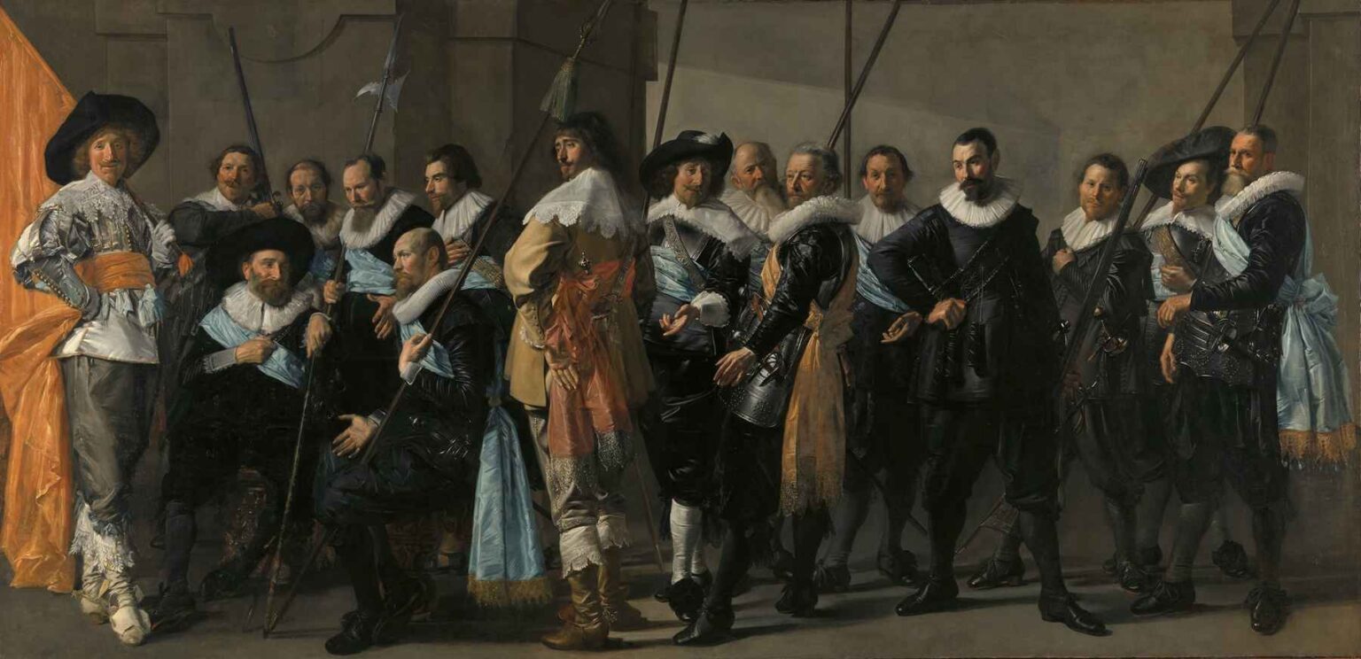 Group portrait by Frans Hals showing fifteen 17th-century militia officers in lace collars and colored sashes holding pikes, led by Captain Reynier Reael.
