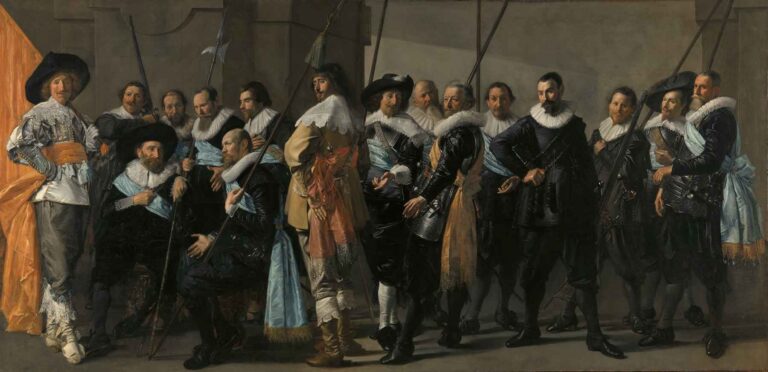 Group portrait by Frans Hals showing fifteen 17th-century militia officers in lace collars and colored sashes holding pikes, led by Captain Reynier Reael.