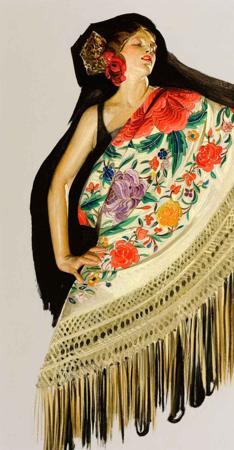 Stylized 1920s illustration of a woman wearing a black dress and a colorful floral-embroidered Spanish shawl with long fringe, her head tilted back and hair adorned with a red flower.