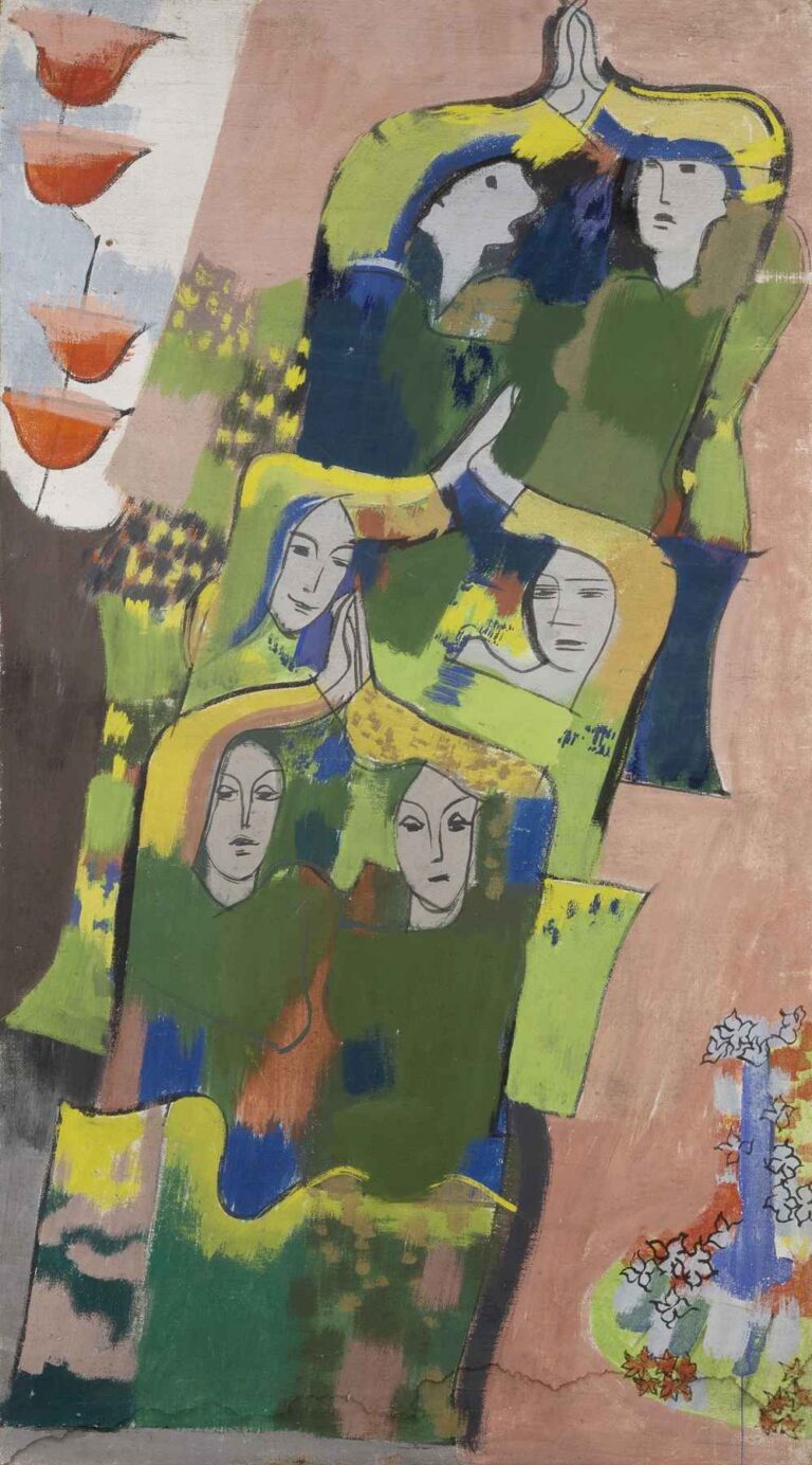 Women in the Countryside by August Babberger, an abstract expressionist painting showing a vertical arrangement of stylized female figures in green robes, set against a pink and earth-toned background with symbolic floral forms.