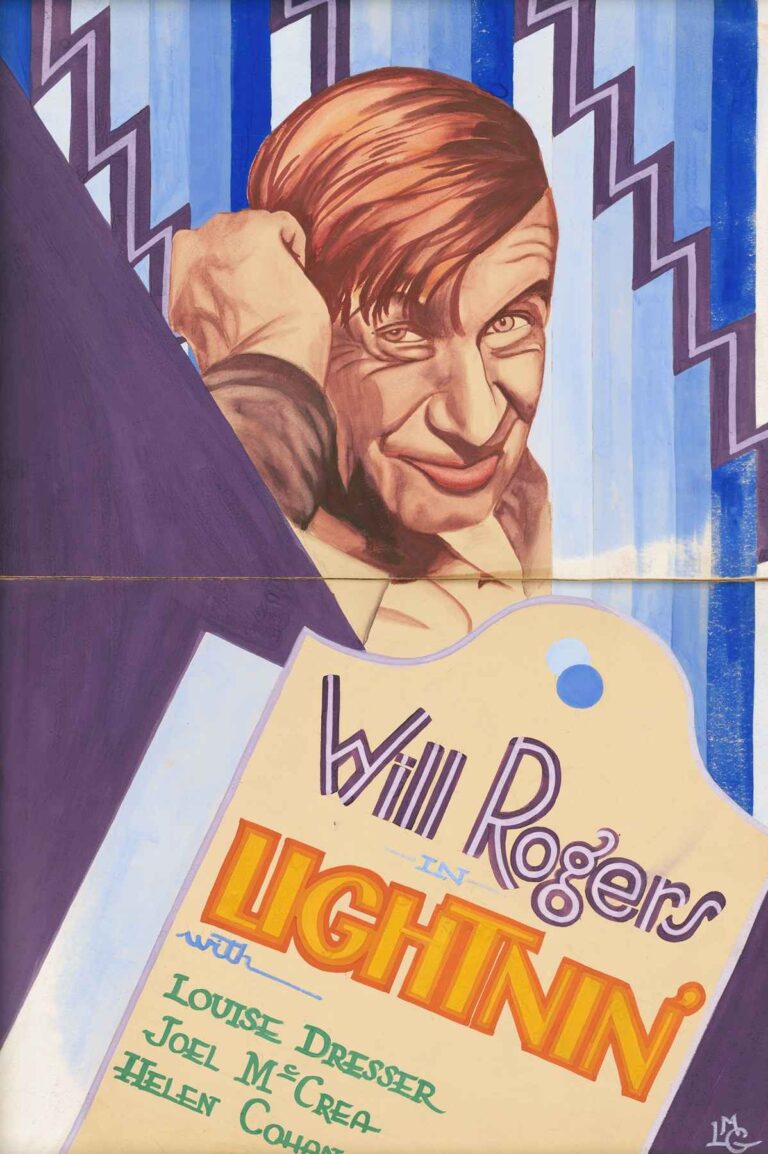 Art Deco–style lithograph of Will Rogers smiling and scratching his head against a striped blue and purple zigzag background, with “Will Rogers in Lightnin’” in bold lettering and cast names below.