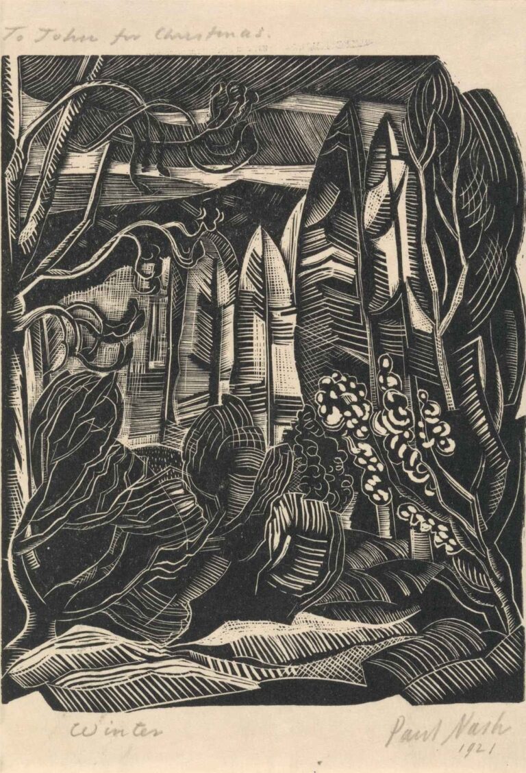 A black-and-white wood engraving by Paul Nash showing stylized winter foliage, bare trees, and abstracted forms in a dense, layered composition.
