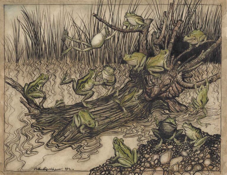 Ink and watercolor illustration showing a dozen green frogs perched on and around a gnarled fallen log in a swamp, with reeds and rippling water in the background.