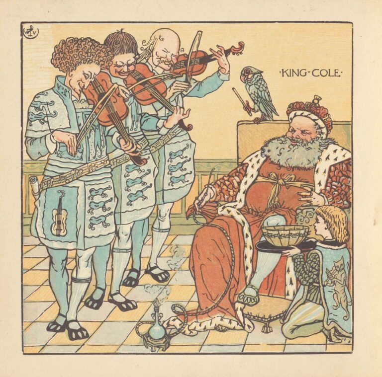 Decorative 1876 illustration by Walter Crane showing Old King Cole in an ermine-trimmed red robe seated on a throne, three fiddlers in turquoise playing violins, a parrot perched nearby, and a page presenting a bowl.