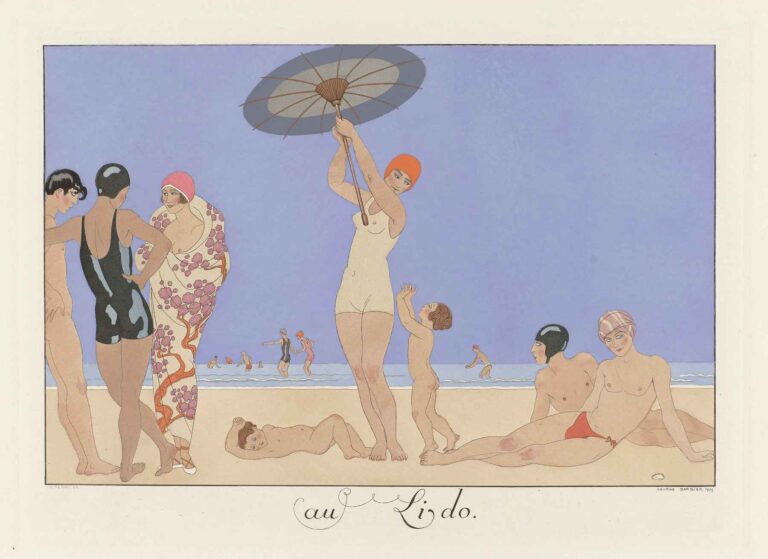 Art Deco poster by George Barbier depicting stylized figures in 1920s swimwear and a parasol on a pale sand beach with a calm blue sea and sky.