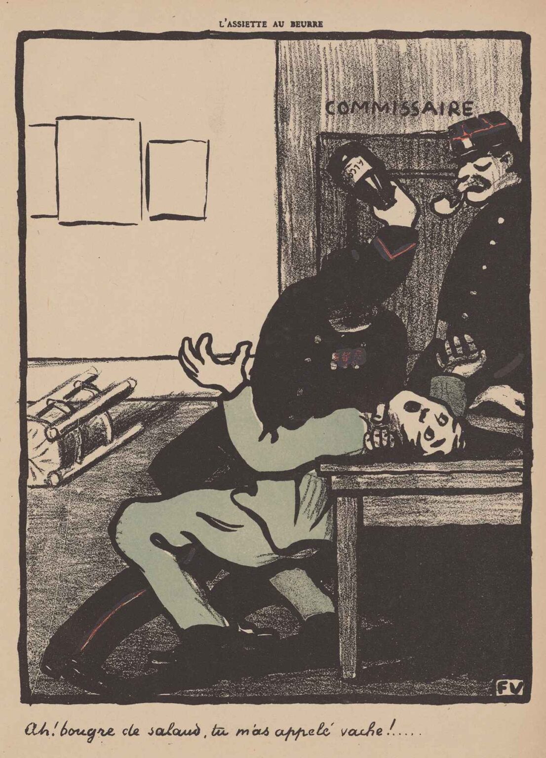 Black-and-white lithograph by Félix Vallotton depicting a uniformed commissaire raising a truncheon over a man slumped across a bench, with the caption “Ah ! bougre de salaud, tu m’as appelé vache !”.