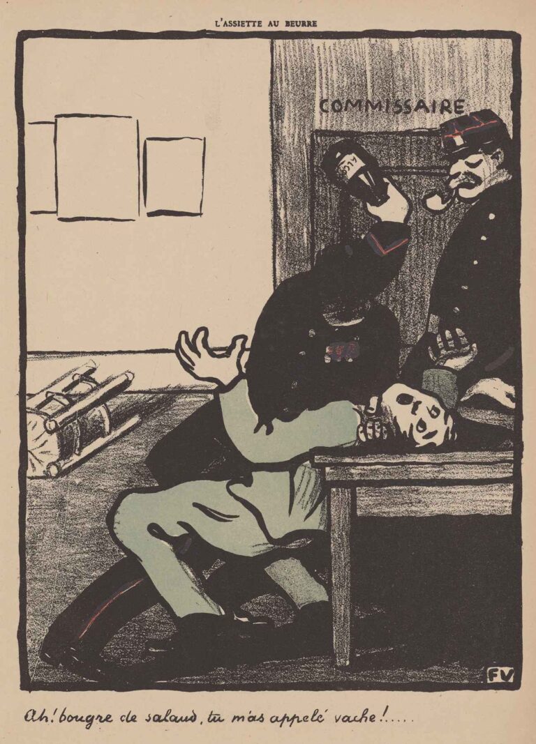 Black-and-white lithograph by Félix Vallotton depicting a uniformed commissaire raising a truncheon over a man slumped across a bench, with the caption “Ah ! bougre de salaud, tu m’as appelé vache !”.