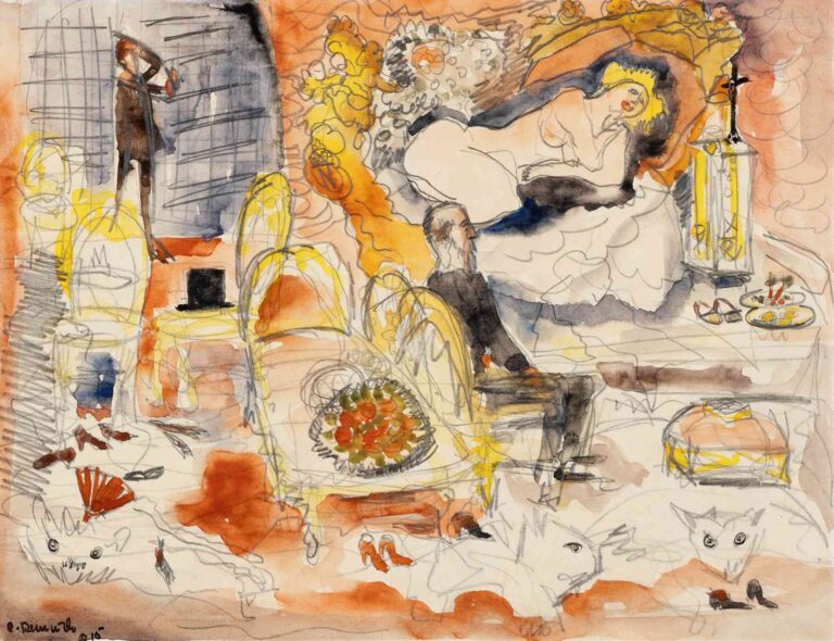 A watercolor painting by Charles Demuth titled “Count Muffat Discovers Nana with the Marquis de Chouard”, depicting a chaotic and theatrical bedroom scene with a reclining nude woman, seated man, and surreal interior elements, rendered in expressive lines and warm tones.