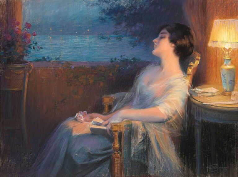 A young woman in a diaphanous blue gown reclines in a high-backed chair beside a glowing table lamp, a rose in her lap and an open letter at her fingertips, gazing wistfully through an open window at a twilight sea dotted with distant lights.