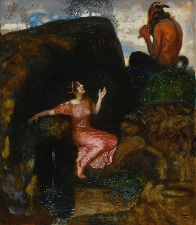 A Symbolist painting by Franz von Stuck titled “An Der Quelle”, showing a satyr playing the pan flute to a young woman in a pink dress beside a spring, set in a mystical natural landscape filled with emotional and mythological tension.