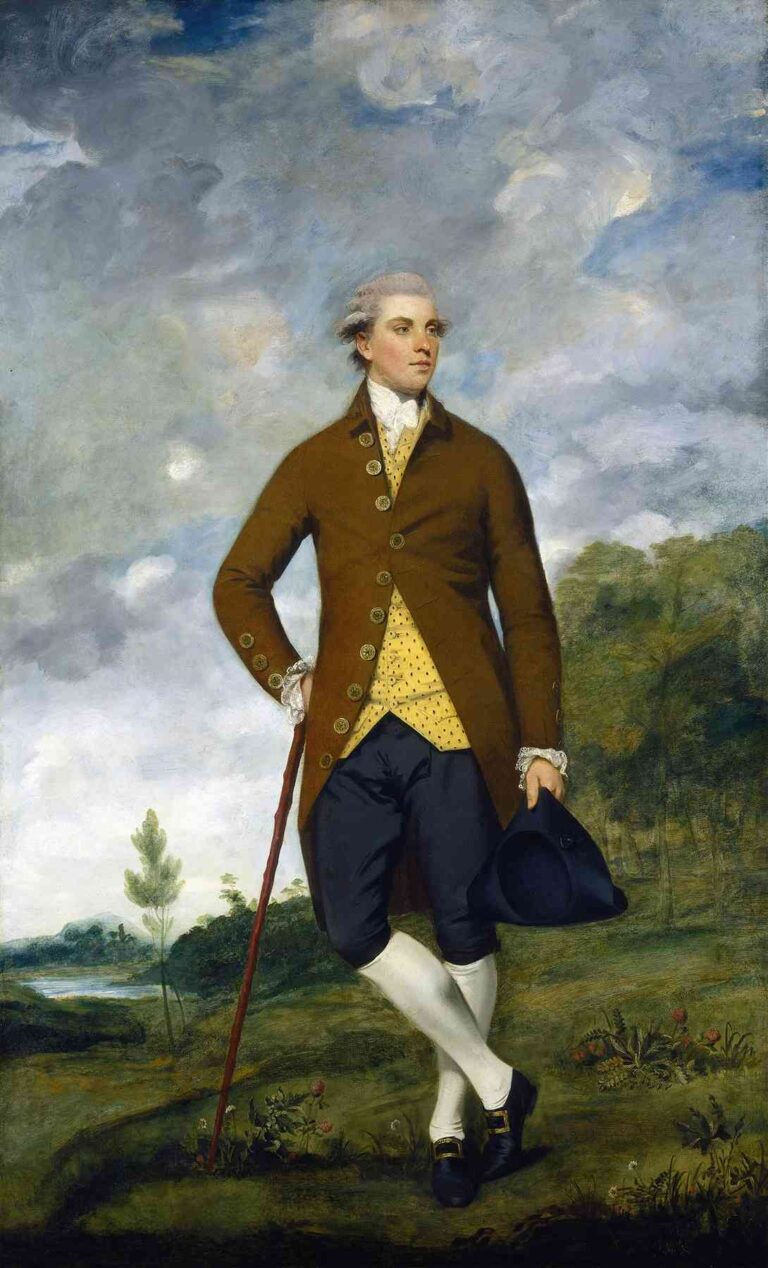 18th-century portrait by Sir Joshua Reynolds showing John Musters in a brown coat, yellow waistcoat, and white stockings, standing in a lush landscape with a walking cane and tricorn hat.